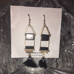 Gold Tone Black Stone & Tassel Earrings New